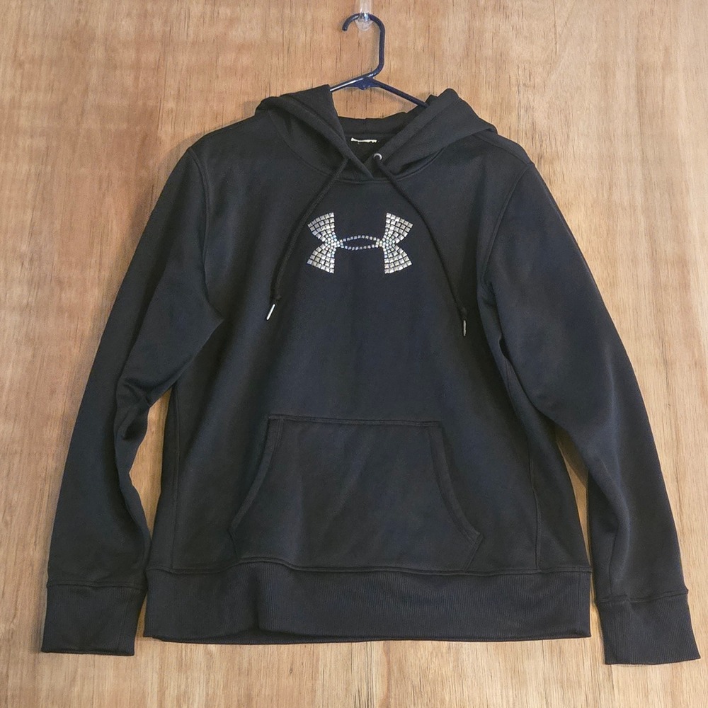 Under Armour Womens Black Studded Logo Hoodie Pullover Sweatshirt Size L Est